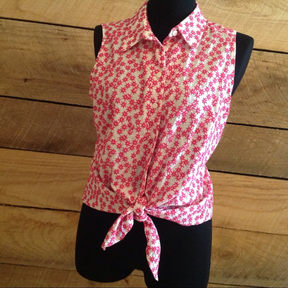 Sleeveless Tie Waist Shirt Talbot's 18 Pink Daisy